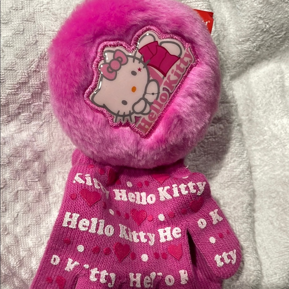 Hello Kitty Pink Plush Mittens and Ear Muffs